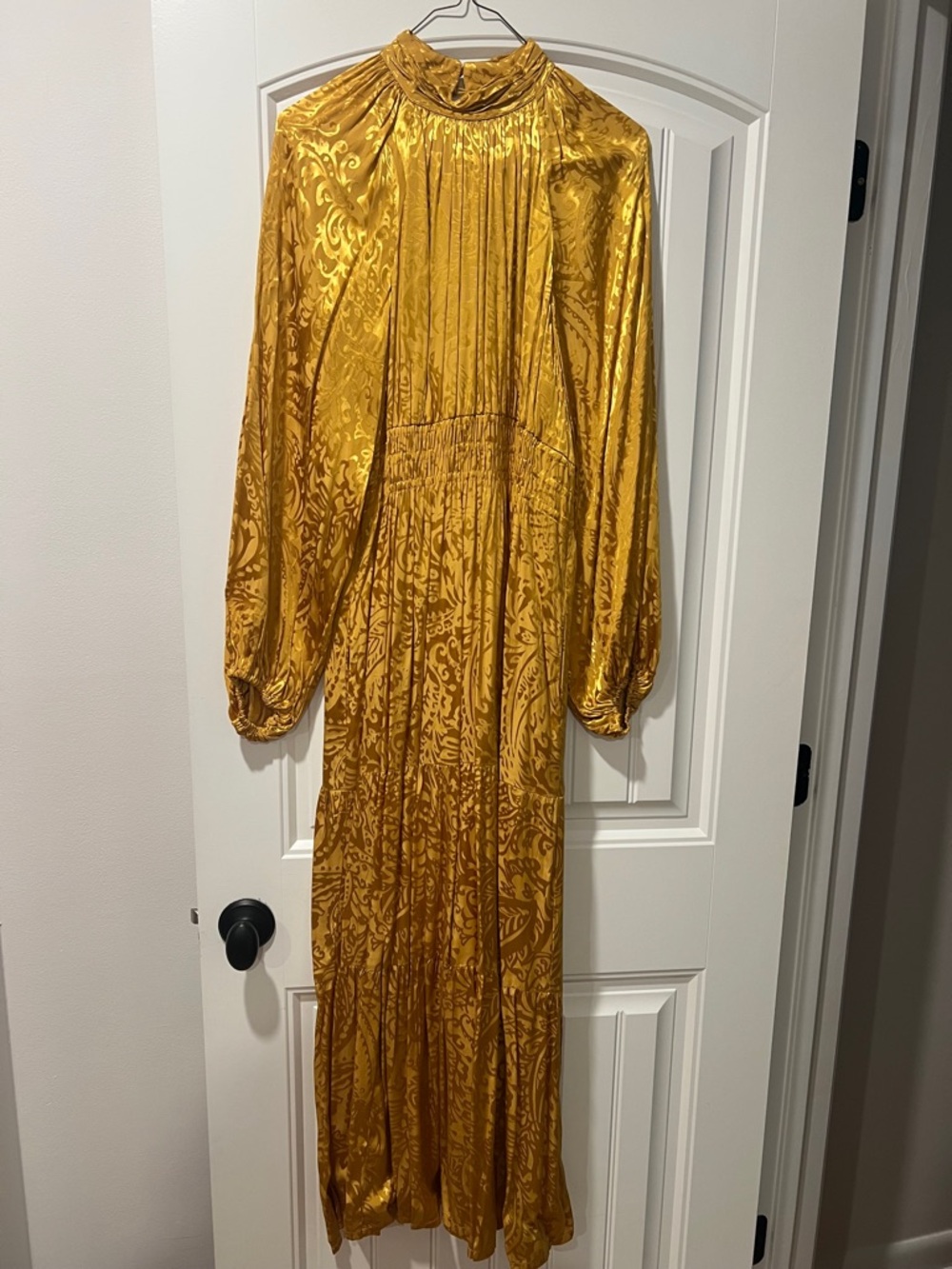 Anthropologie Golden Satin Long Sleeve Maxi Dress size M.
